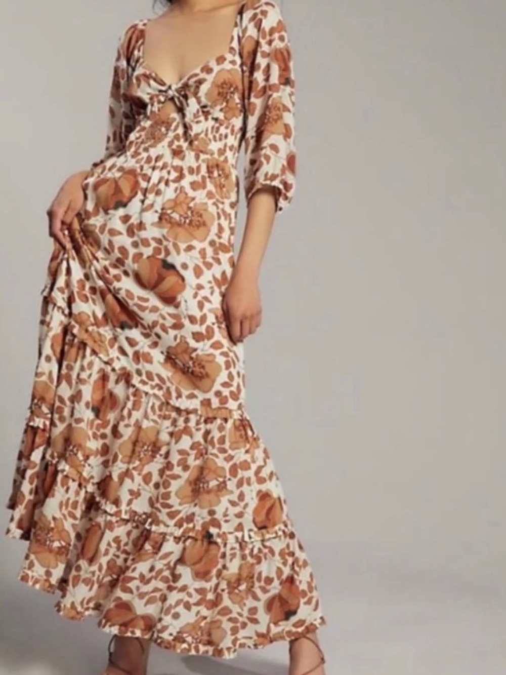 NWT Anthropologie Brown and Cream Tiered Floral Maxi Dress